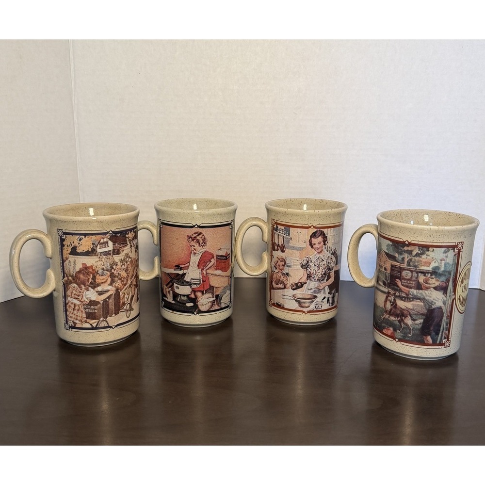 Watkins Almanac Calendar  England Vintage Norman Rockwell Ceramic Mugs Set of 4